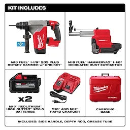 Milwaukee tool kit with rotary hammer, dust extractor, and other tools on a white background