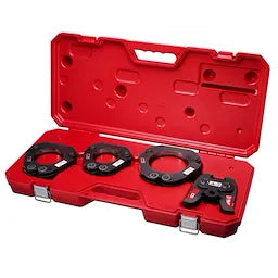 Set of three black ring tools in a red tool case on a white background