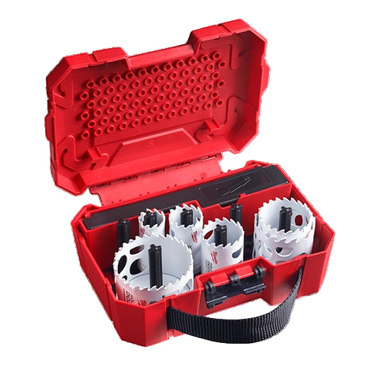 Red tool case with hole saws inside on a white background
