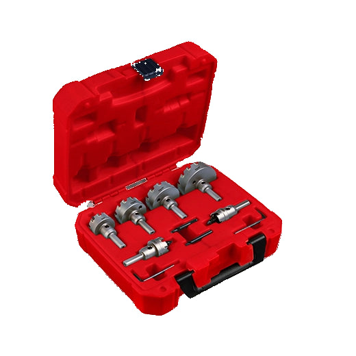 Set of metal tools in a red case on a white background